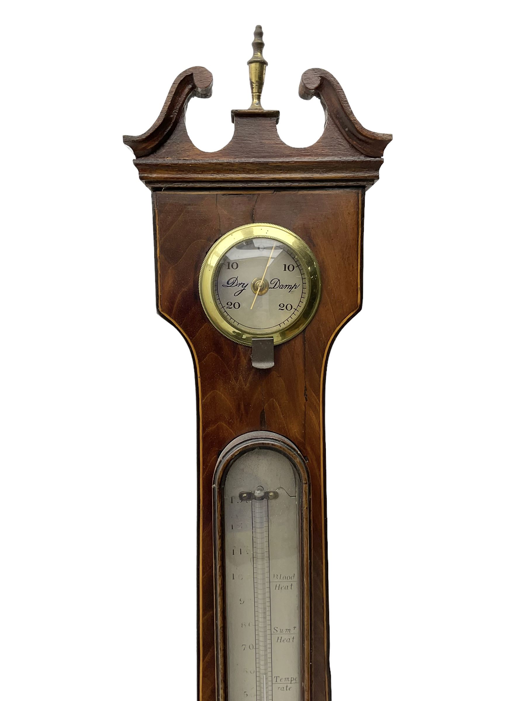 Late 19th century mahogany  mercury barometer by  Ciceri & Pine Edinburgh -  with a swans neck pediment, brass finial and rounded base, with a  circular hygrometer, boxed mercury thermometer, level bubble and 8