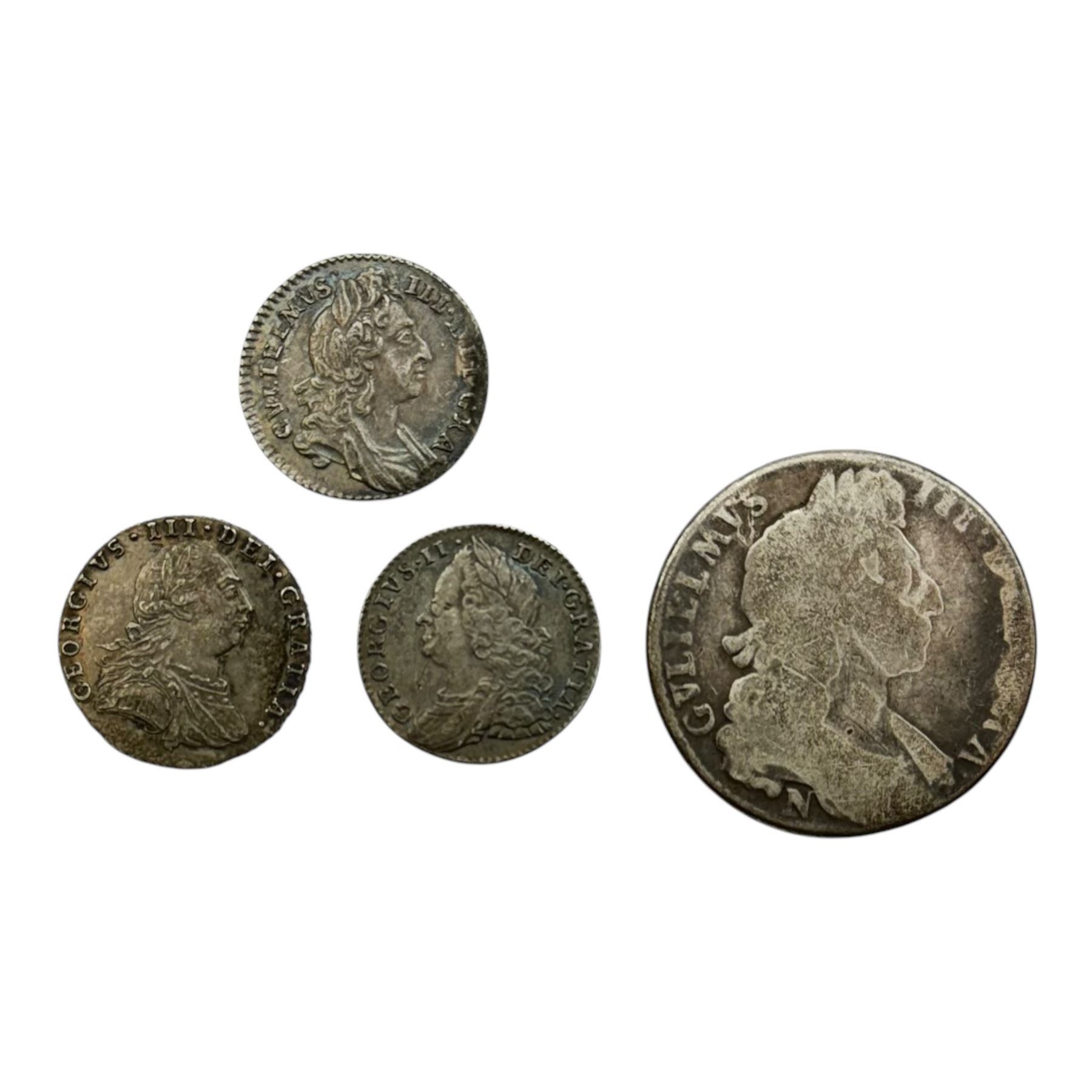 Three silver sixpence coins, dated William III 1696, George II 1758, George III 1787 and William III 1697 halfcrown (4)