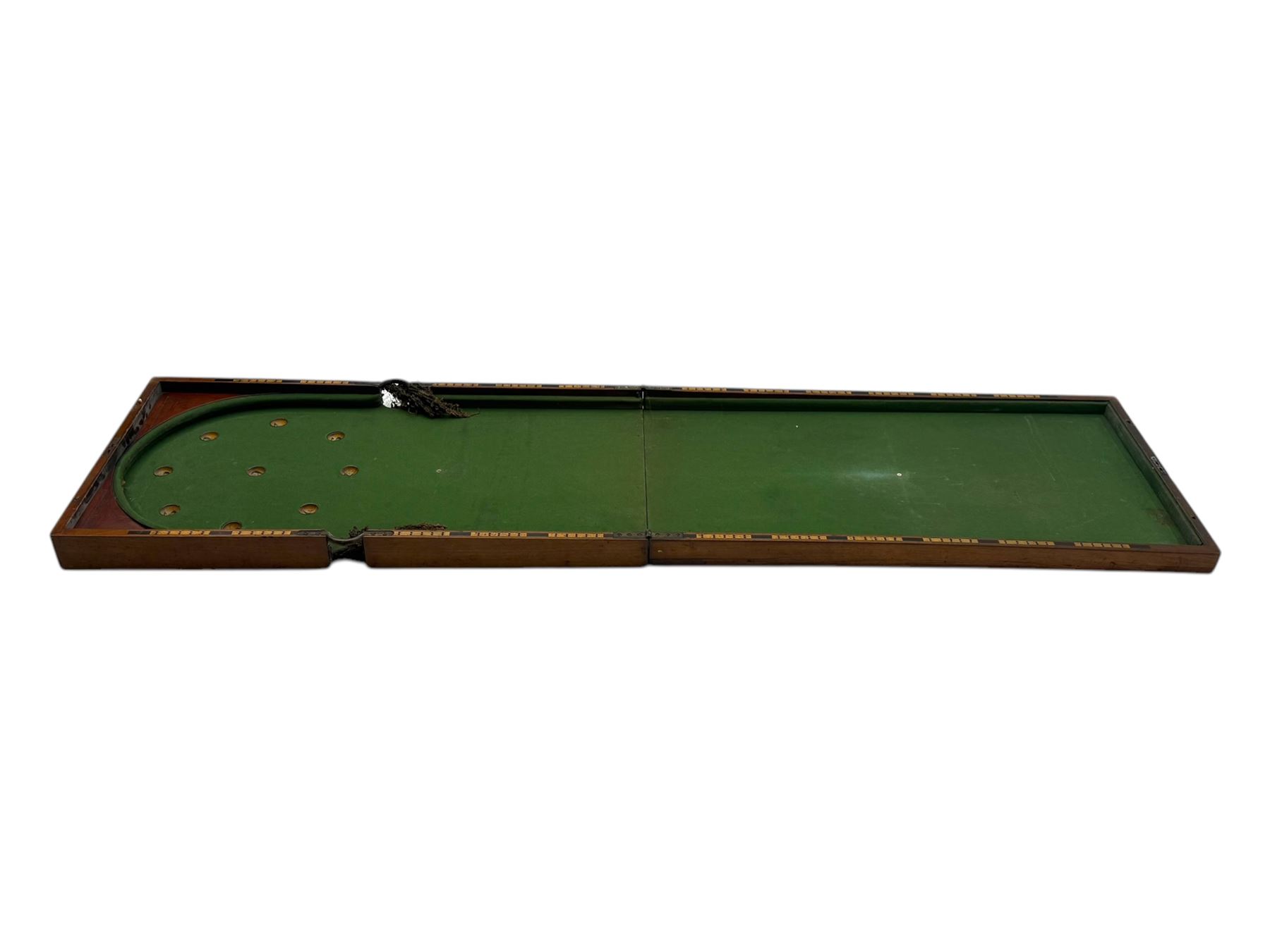 19th century mahogany cased bagatelle board, hinged case opening to reveal baize playing surface 