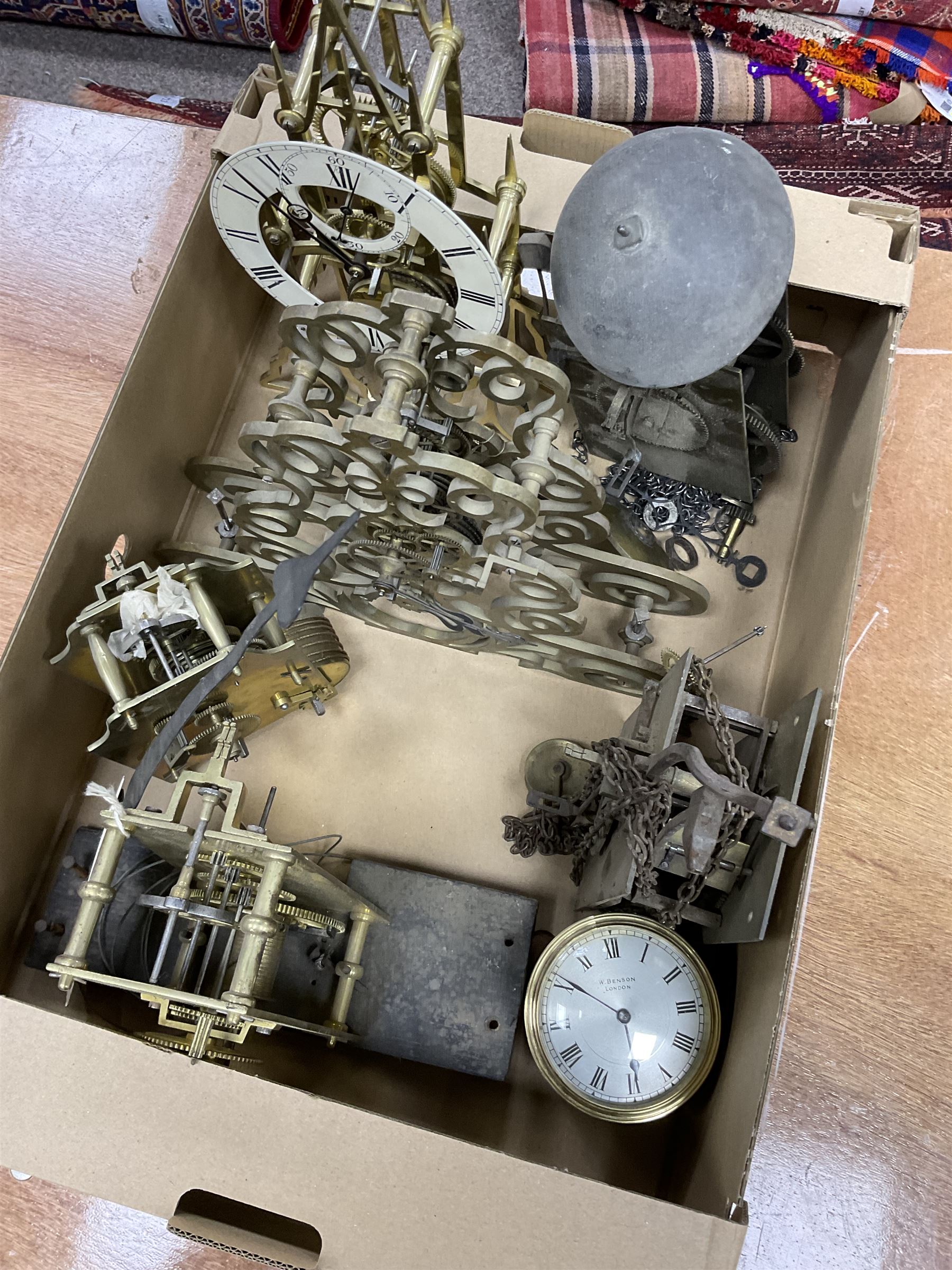 Two skeleton clock movements, tavern clock movement, and further clock movements, all for restoration 
