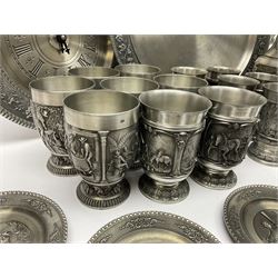 Collection of Zinn Becker pewter wares and similar, including goblets, ewer, clock, plates etc 