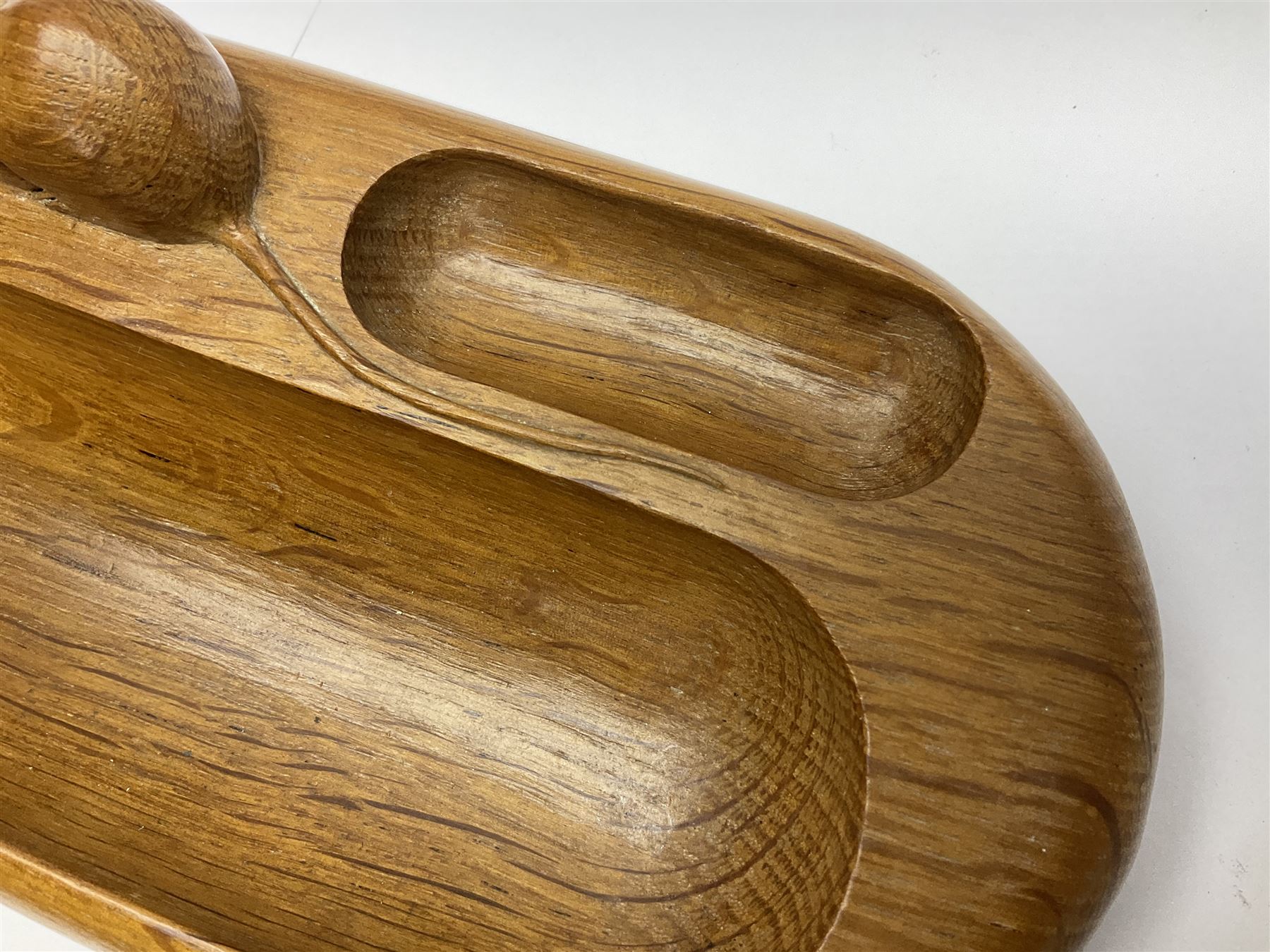 Mouseman - oak pen tray, rectangular form with rounded ends, carved mouse signature over penny moulded edge, by the workshop of Robert Thompson, Kilburn