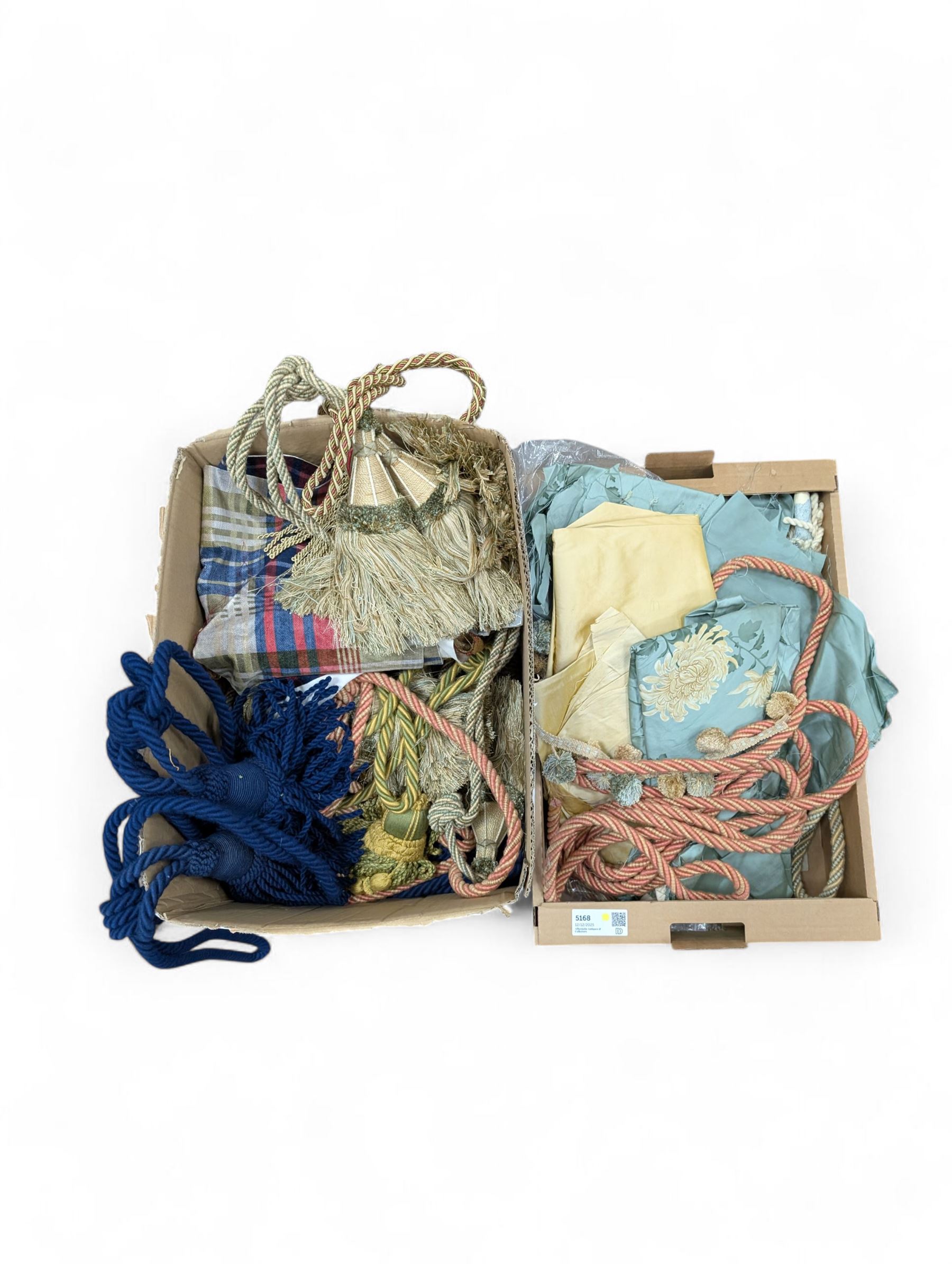 Collection of curtain fabric pieces and tassels