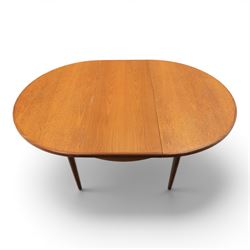 G-Plan - mid-20th century teak 'Fresco' circular extending dining table and six chairs, circular top with storable fold-over leaf extending to 166cm