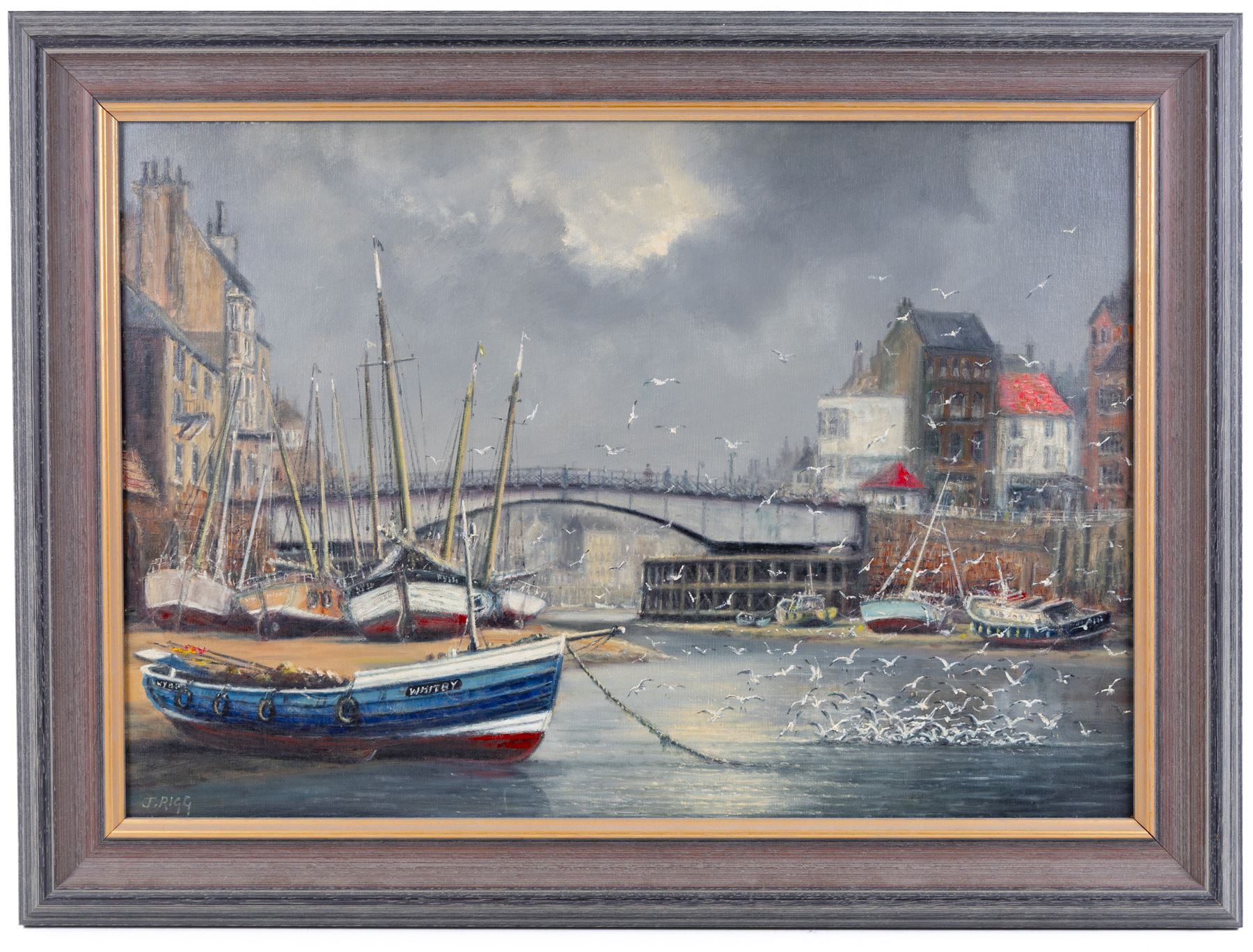 Jack Rigg (British 1927-2023): Cobles and Seagulls in Whitby Harbour, oil on canvas board signed 45cm x 65cm