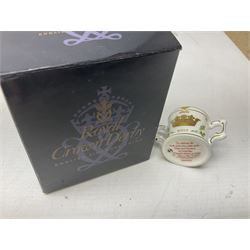 Quantity of commemorative ware to include boxed Royal Crown Derby, Shelley teacup trio, Coalport Mulberry Hall goblet, etc in four boxes