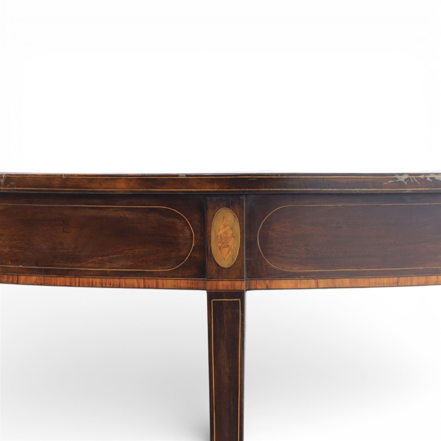 Georgian inlaid mahogany demi lune console table, with inlaid frieze and shell motifs, on square tapering supports 