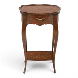 Small French inlaid marquetry and parquetry occasional table or bedside, the shaped top wi...