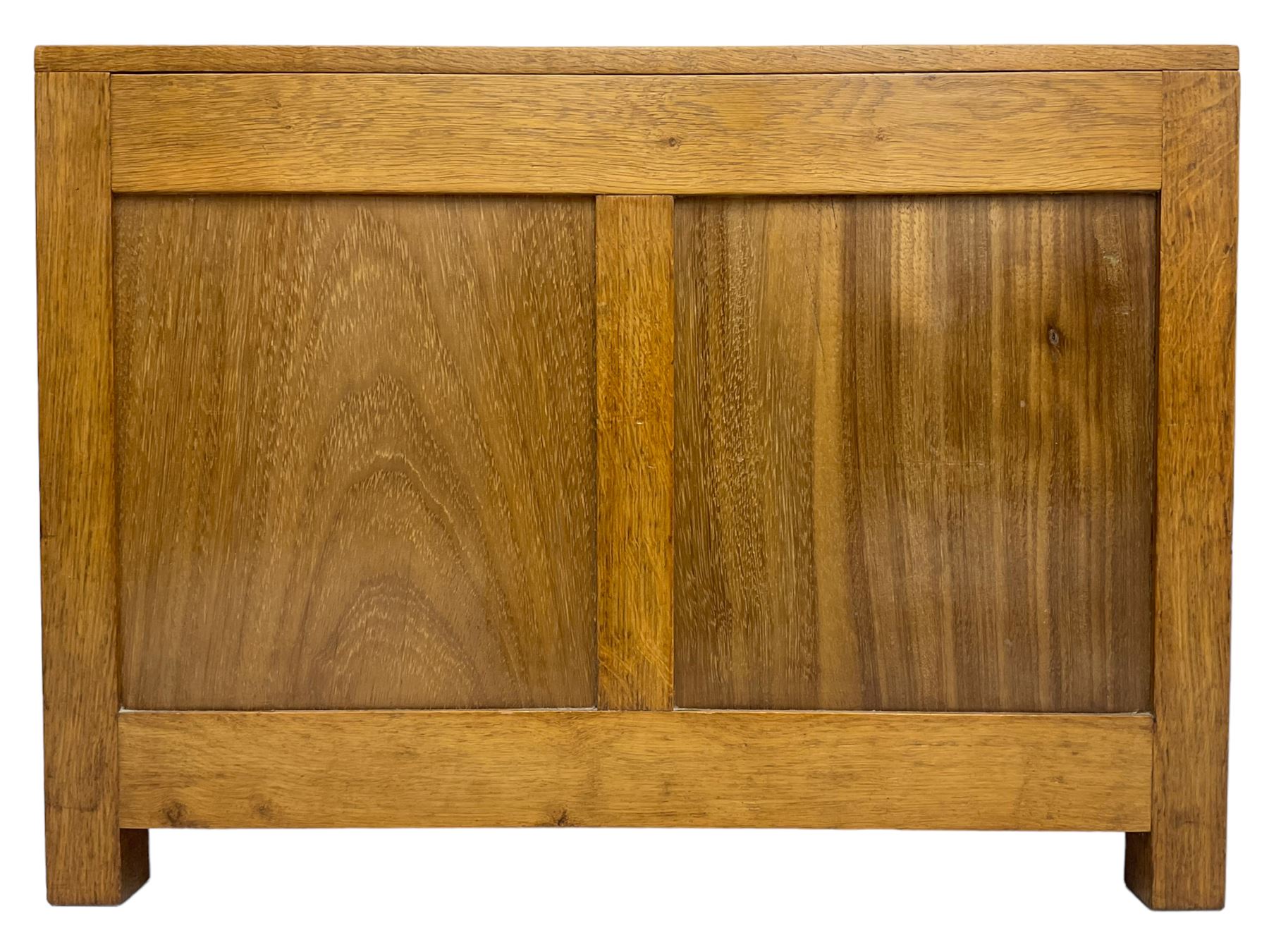 20th century panelled oak blanket chest, rectangular hinged top, raised on square supports