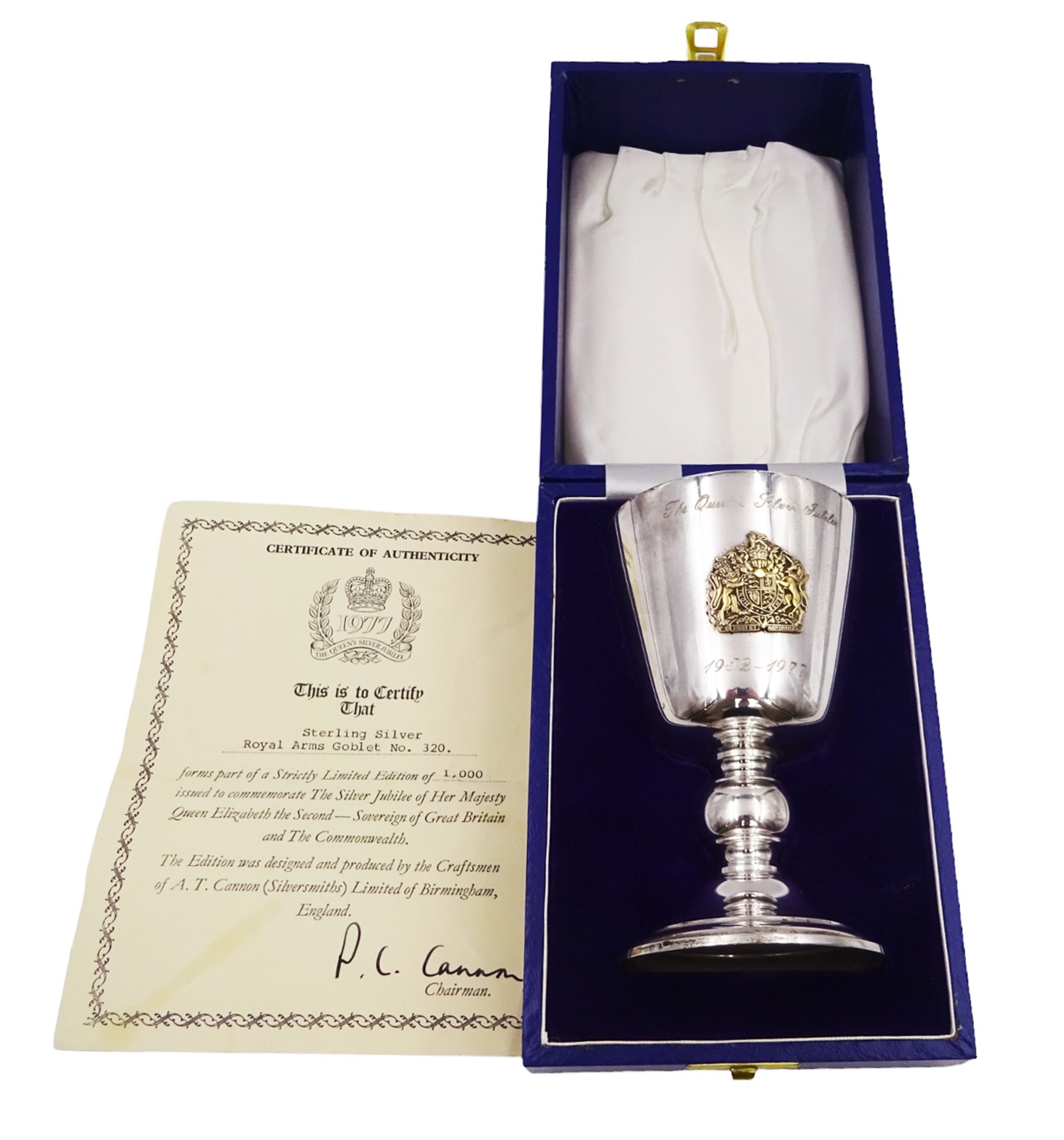 Modern limited edition silver goblet, commemorating Queen Elizabeth II silver jubilee, of plain form with gilded interior, applied Royal coat of arms to body and engraved 'The Queen's Silver Jubilee 1952-1977' upon knopped stem and circular spreading foot, limited edition no. 320/1000, hallmarked A T Cannon Ltd, Sheffield 1977, boxed with certificate, goblet H12.8cm