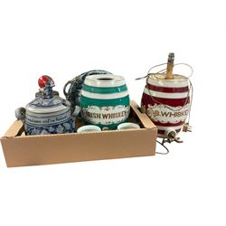 Two whisky barrels, German salt glazed barrel, Blow butter churn, etc