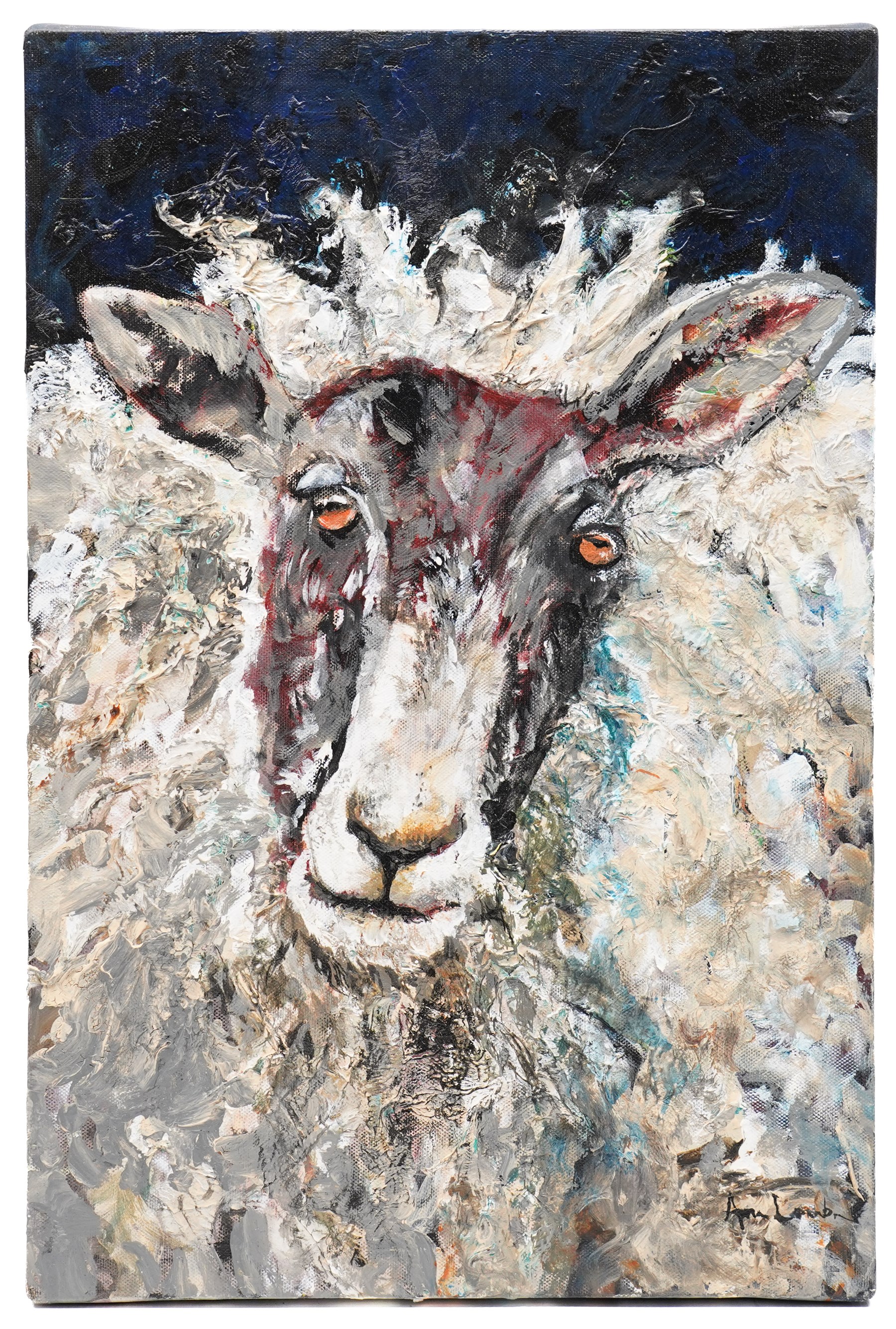 Ann Lamb (British 1955-): Sheep Portrait, mixed media on canvas signed 45cm x 30cm (unframed)