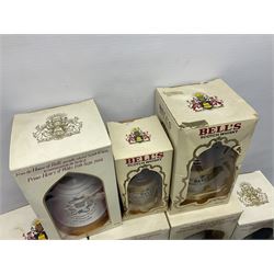 Bells, Scotch whisky, in eight Wade ceramic decanters, including Christmas 1992, Queens 60th birthday, Birth of Prince William etc, various contents and proof   