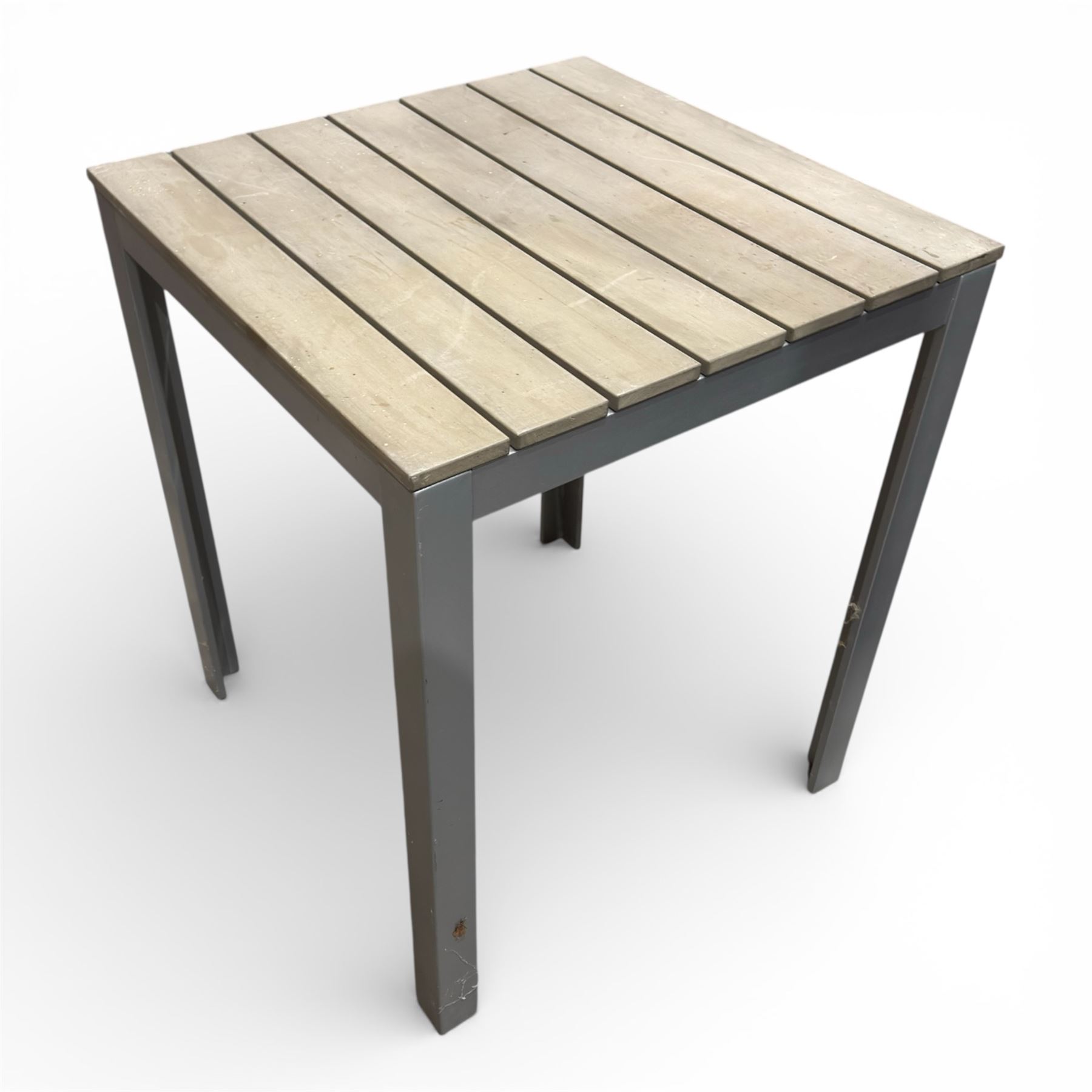 Three aluminium and wood garden tables