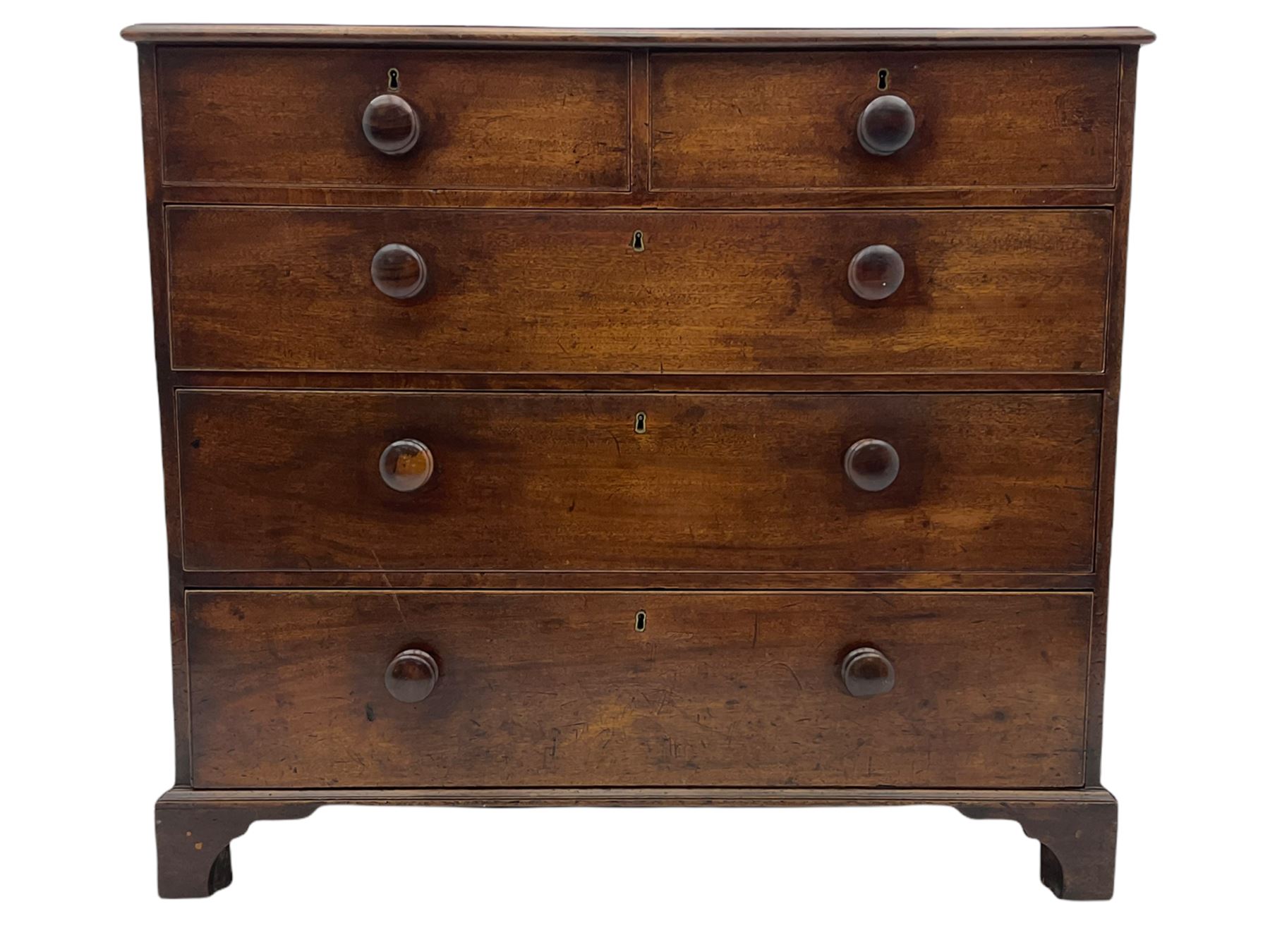 Georgian mahogany chest, fitted with two short and three long mahogany lined drawers, bracket feet