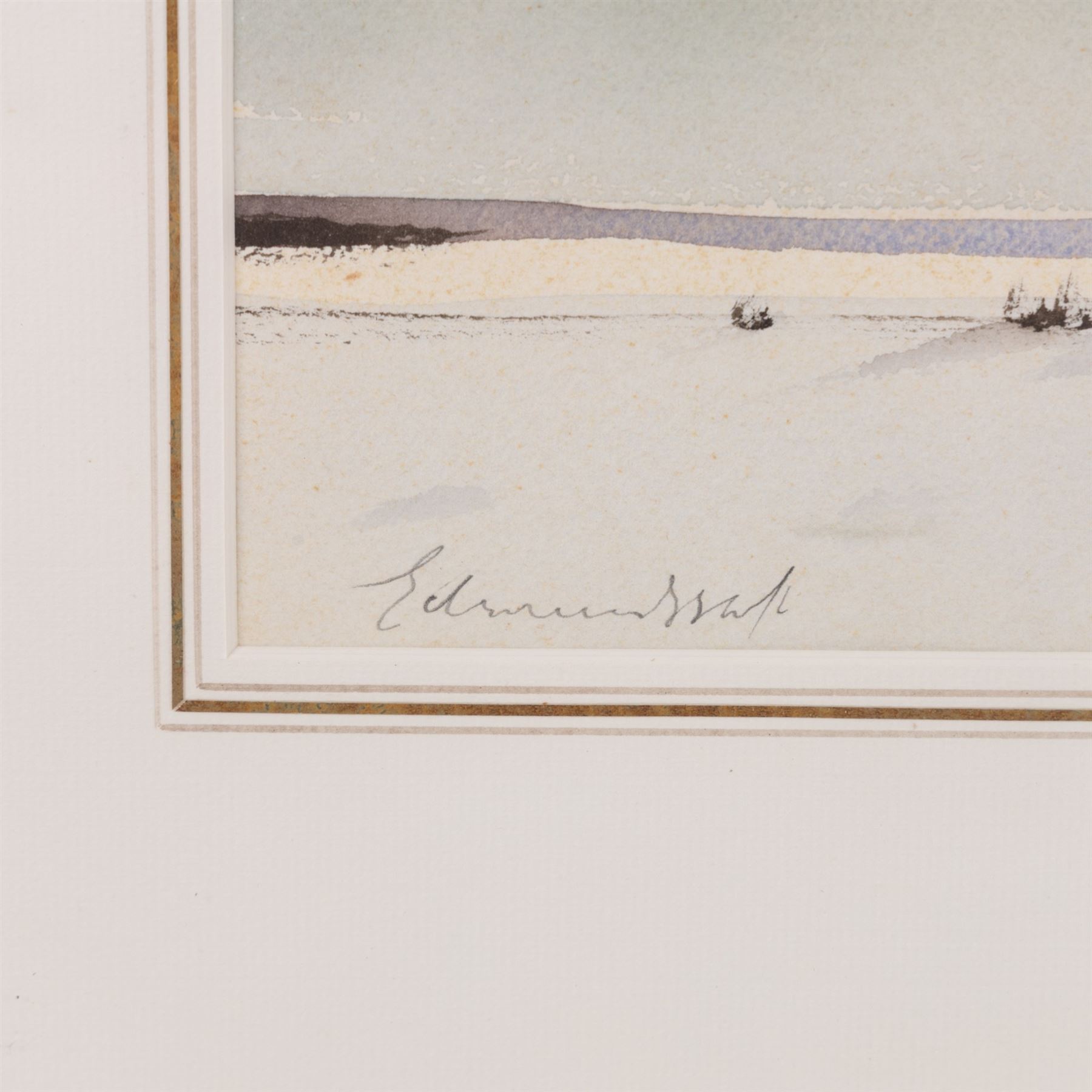 Edward Seago RWS RBA (British 1910-1974): Farmer with Dog in Winter Landscape, watercolour signed in pencil, later title verso 25cm x 36.5cm