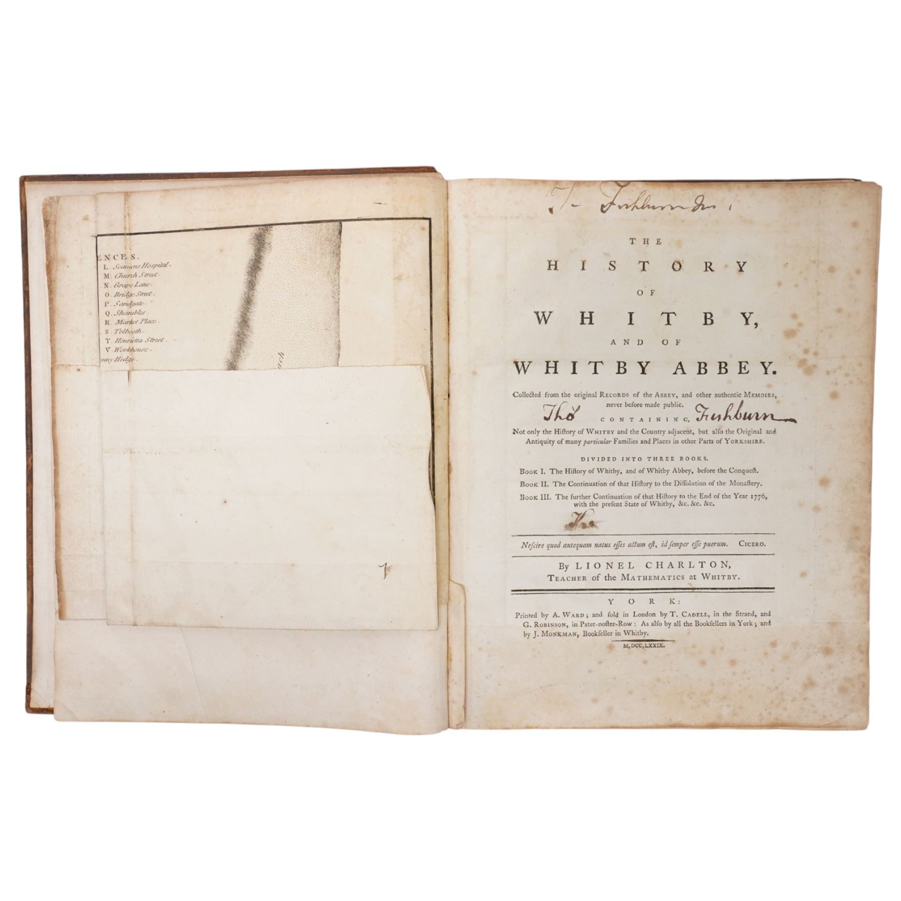 Charlton, Lionel -' History of Whitby and of Whitby Abbey' printed by A Ward 1779 with folding plan, black and white plates, Thomas Fishburn book plate, leather boards