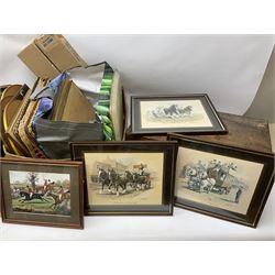 Rectangular barometer with mirror, silver plated wine coasters, Reflections by Leonardo boxed figure group of hares, stained box, quantity of framed prints etc