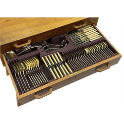 Silver plate free standing two-drawer canteen of cutlery, raised on four tapering legs, H75cm, D37cm