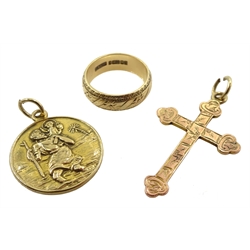 Gold wedding ring, cross pendant and St Christopher's pendant, all hallmarked 9ct, approx 11.4gm