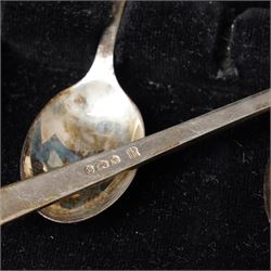 Cased set of six silver tea spoons Sheffield 1958, vour various silver napkin rings, Victorian christening spoon and fork, silver dessert fork and three tea spoons