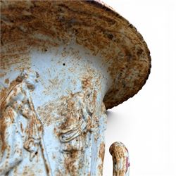 Andrew Handyside - pair of 19th century best quality cast iron garden urns, individually detailed in relief Allegorical Figures and Helaldic Swans, campagna form with twin handles, detail under rim, raised on circular fluted base