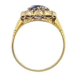 18ct gold oval blue topaz and old cut diamond cluster ring, total diamond weight approx 0.60 carat