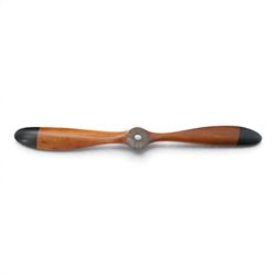 Aviation design two-blade mahogany propeller, shaped blades with black painted ends, centr...