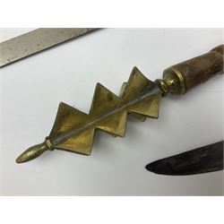 Near pair of short swords each with slightly curving 41cm fullered steel blade and all brass H-shaped hilt L52cm overall; plaited black leather whip; and reproduction pair of brass hilted swords, brass halberd blade and mace (7)