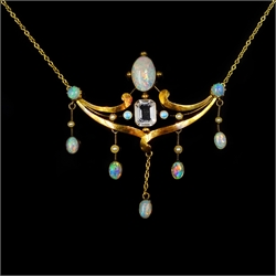  Opal, aquamarine, turquoise and seed pearl gold necklace, the central  largest opal approx 2.3 carat  