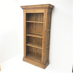  Solid pine 6' open bookcase, projecting cornice, dentil frieze, three adjustable shelves, plinth base, W97cm, H184cm, D37cm  
