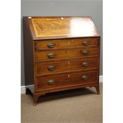  George III mahogany bureau, fall front banded in satinwood with oval figured veneer, fitted interior, four graduating drawers, on splayed bracket feet, W101cm, H117cm, D51cm  