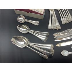 Mother of Pearl handled cutlery, with silver ferrules, comprising six fish knives and forks and six fruit knives and forks, the ferrules hallmarked Yates Brothers, Sheffield 1905, together with silver plated Edwardian three piece tea service and other flatware 