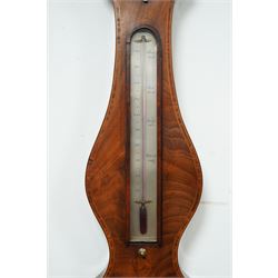 Zanetti of Manchester- late 19th century wheel barometer in a mahogany case with a break arch pediment, brass finial and rounded base, with a hydrometer, spirit bubble and boxed spirit thermometer, 12