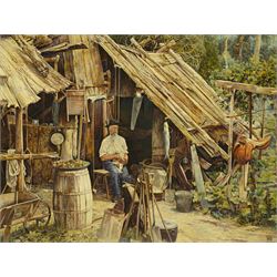 Australian School (Late 19th century): 'A Selector's Hut on Mr Stocks Selection - Croajingolong District - Gippsland Victoria - Australia', oil on canvas signed with monogram WHB, titled and dated 1885 verso 34cm x 44cm