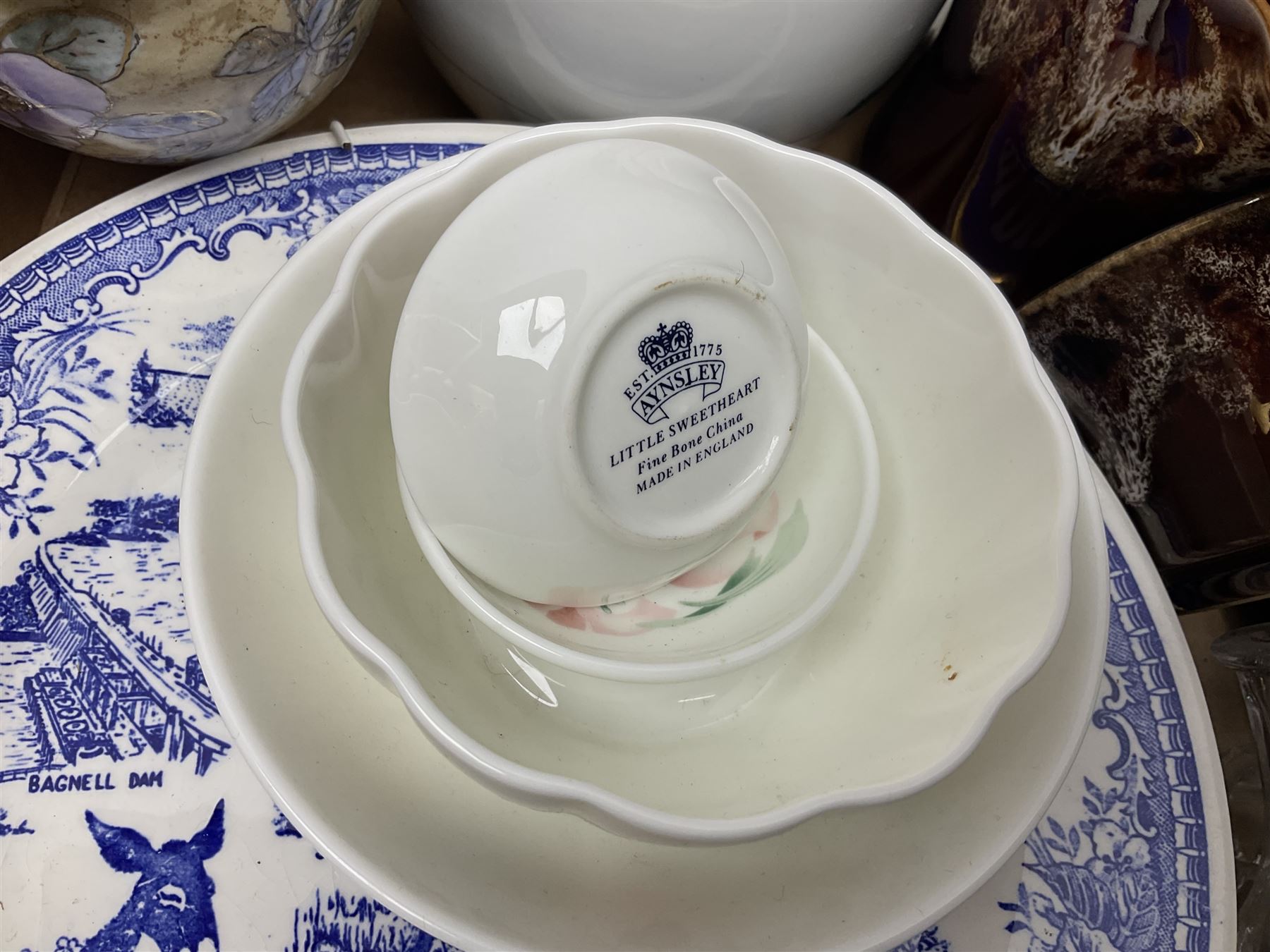 Quantity of ceramics to include Kernewek Cornwall tea wares, pair of Royal Doulton Islamic series plates, sage green Wedgwood Jasperware, Coclough tea wares, glassware etc in two boxes