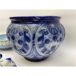 Wedgwood Etruria & Barlaston Queens ware bowl decorated with vines, D25cm, Victorian blue and white jardinière, and pair of blue and white Staffordshire style dogs