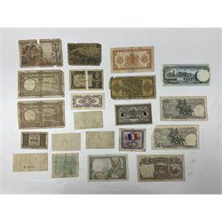 Great British and World coins and banknotes, including two Queen Victoria 1887 florins, King George V 1930 halfcrown, pre decimal pennies and other denominations, five Queen Elizabeth II five pound coins, United States of America 1964 Kennedy half dollar, German and other banknotes etc
