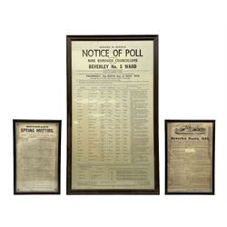 Two 19th century Beverley Race posters - 11th/12th May 1842 with vignette of a horse race 35 x 23cm; and 17th March 1854; each in ebonised frame; together with 'Notice of Poll .... Beverley No.5 Ward' 6th May 1976 78 x 43cm in mahogany stained frame (3)
