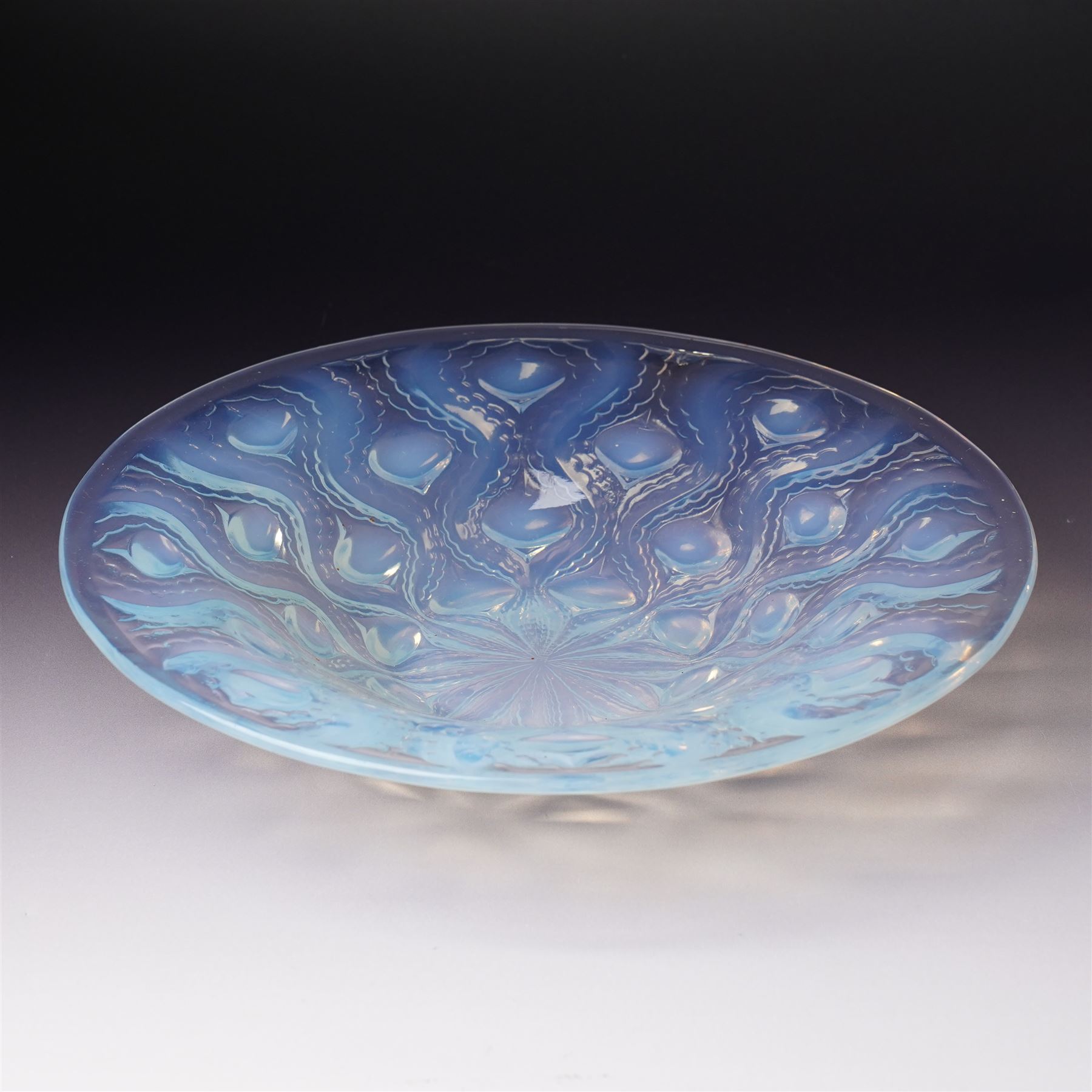 Lalique opalescent glass 'Bulbes' pattern shallow bowl marked 'R Lalique France' D25cm 