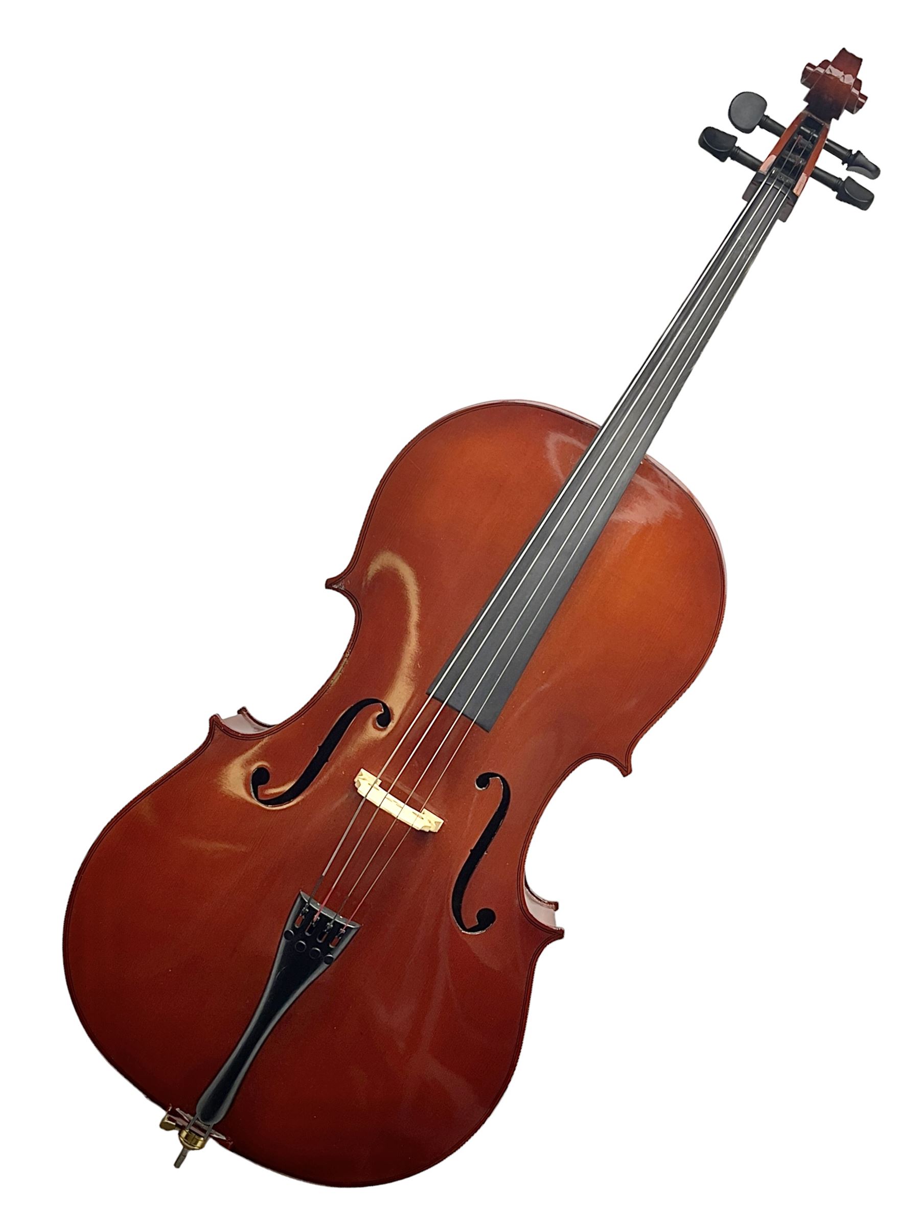 Gear4Music three-quarter sized cello with 70cm one-piece back and spruce top; bears maker's label; L112cm overall; in soft carrying case with Erich Steiner bow