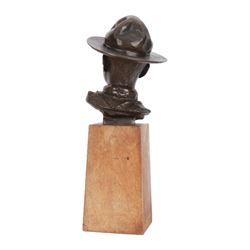 William Goscombe John (Welsh 1860-1952), bronze, bust of Basil Webb as a boy scout, upon a tall oak plinth inscribed BASIL above foliate band, titled to paper label verso and beneath, overall H36cm