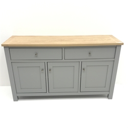 Next Malvern grey and oak sideboard, two drawers above three cupboards, stile supports, W138cm, H81cm, D40cm