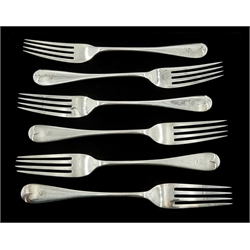 Set of six Victorian silver forks, Old English and Pip pattern, with engraved initial 'S' by Thomas Bradbury & Sons Ltd, Sheffield 1896, approx 15.5oz