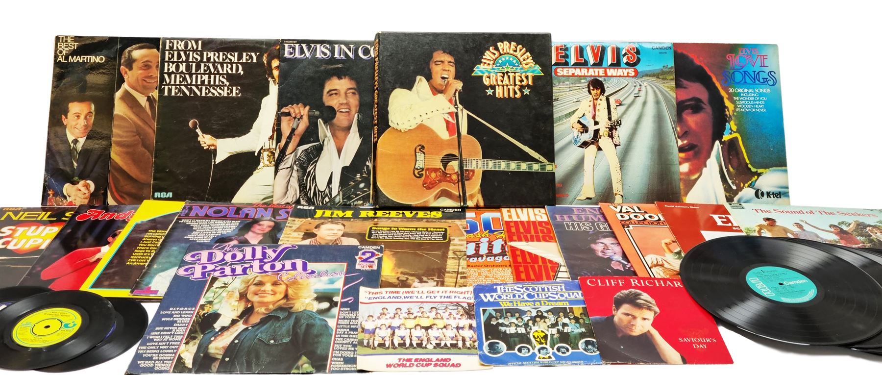 Quantity of vinyl records to include an Elvis Presley Greatest Hits box set and other records by Elvis Presley, Dolly Parton, Cliff Richard, The Nolan Sisters, and other musicians, approximately 50, in one box. 