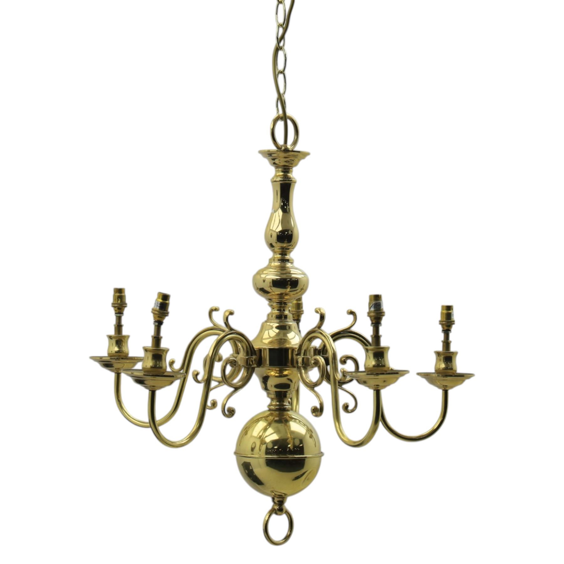 20th century brass five branch chandelier, with scrolled candle sconces and ball finial 