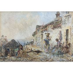 George Weatherill (British 1810-1890): Fisherwomen beside Cottages at Runswick Bay, watercolour unsigned 9cm x 13cm