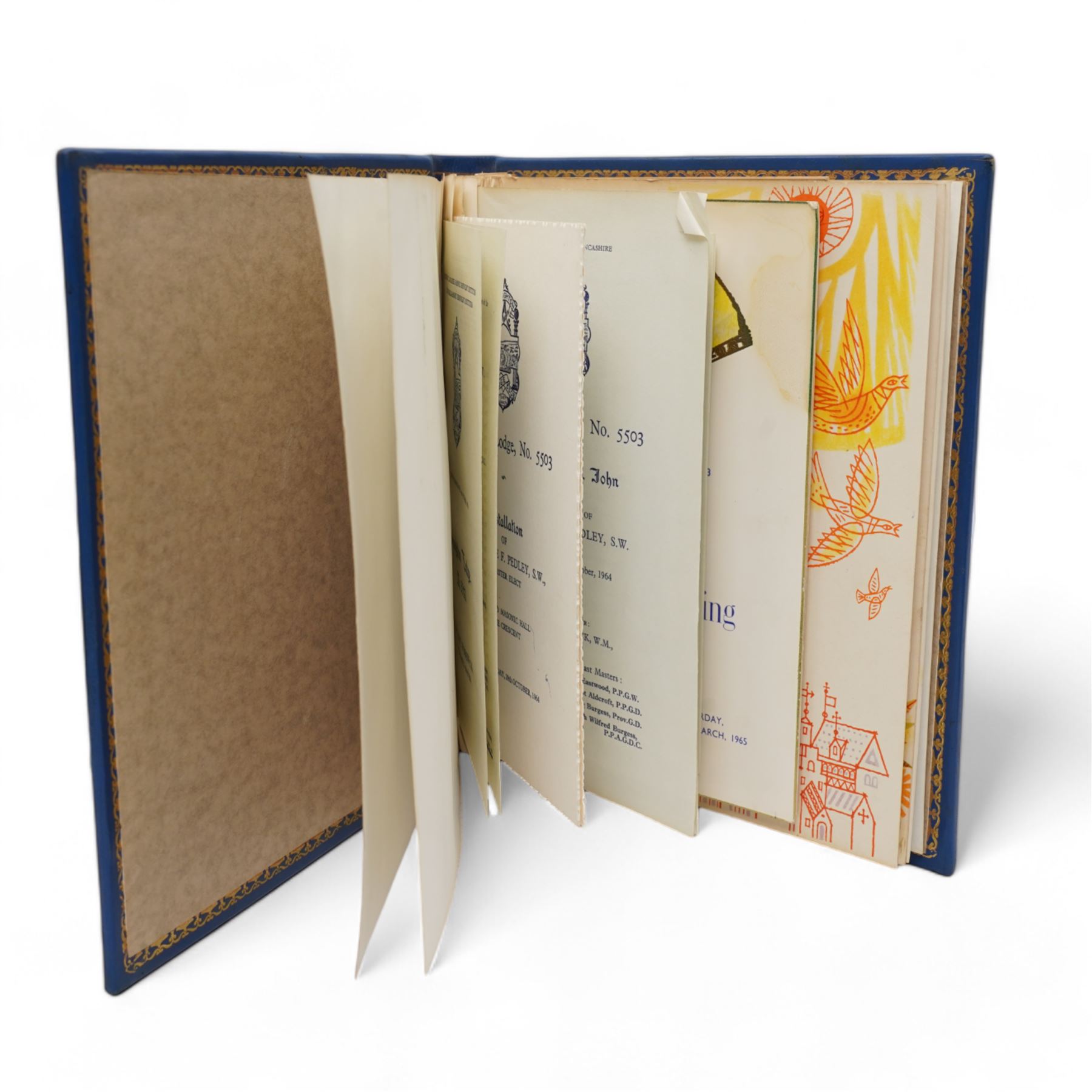 W. Bro. George F. Pedley, Worshipful Master of Broughton Lodge 1964-65, Masonic book containing memorabilia including invitations, occasions etc. 'William Preston and his Work' by Colin Dyer and three other books on Freemasonry 