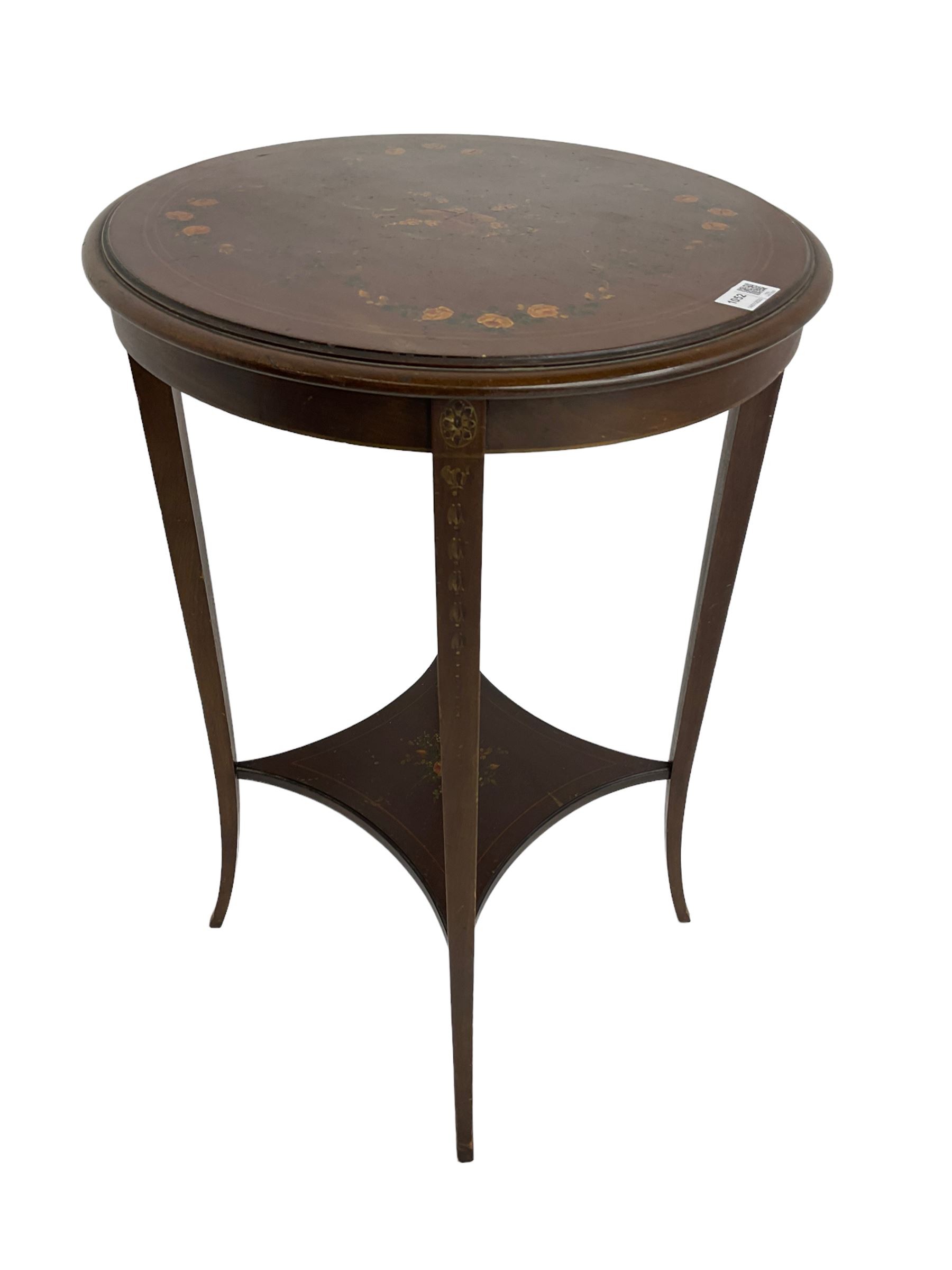 Greenwood and Sons York - early 20th century mahogany side or lamp table, decorated with floral garlands and central musical instrument motifs, with square tapering supports joined by an under-tier 