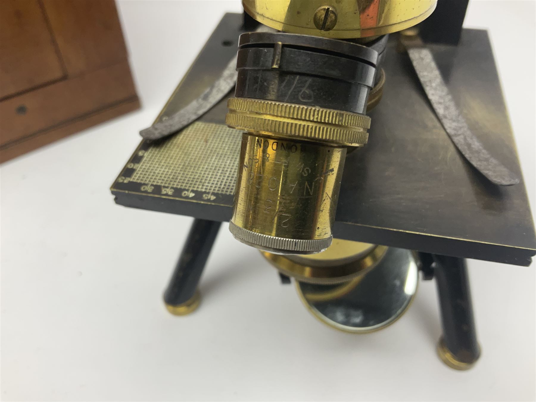 Brass lacquered microscope, by J. Swift & Son, London, in wooden carry cas no 13749, 